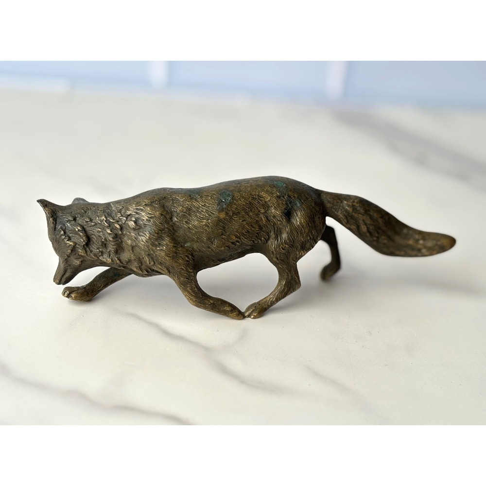 Vintage Brass Fox Figurine Prowling Hunting Animal Statue 6 Inch Patina - Picture 2 of 10